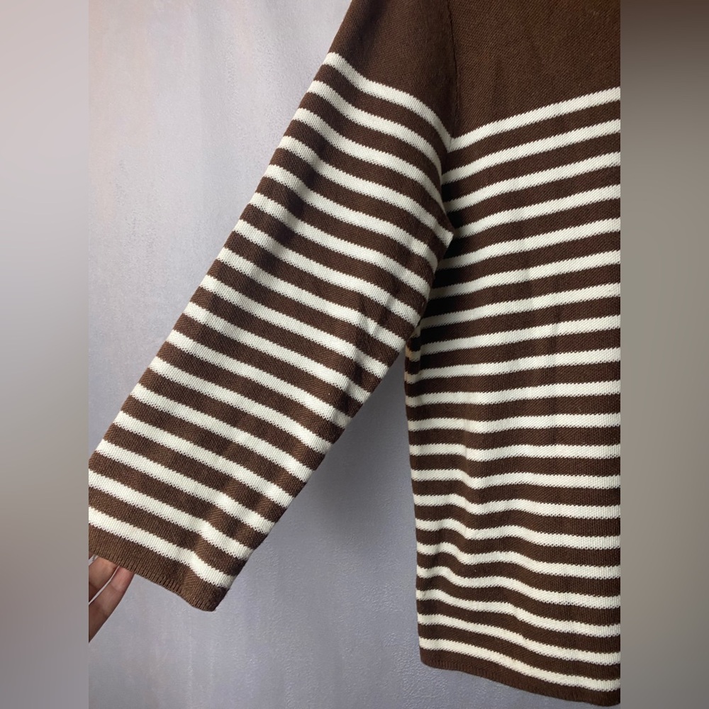 J. McLaughlin Chocolate Ivory Striped Fall Crewneck Sweater Quiet Luxury L - Picture 3 of 5